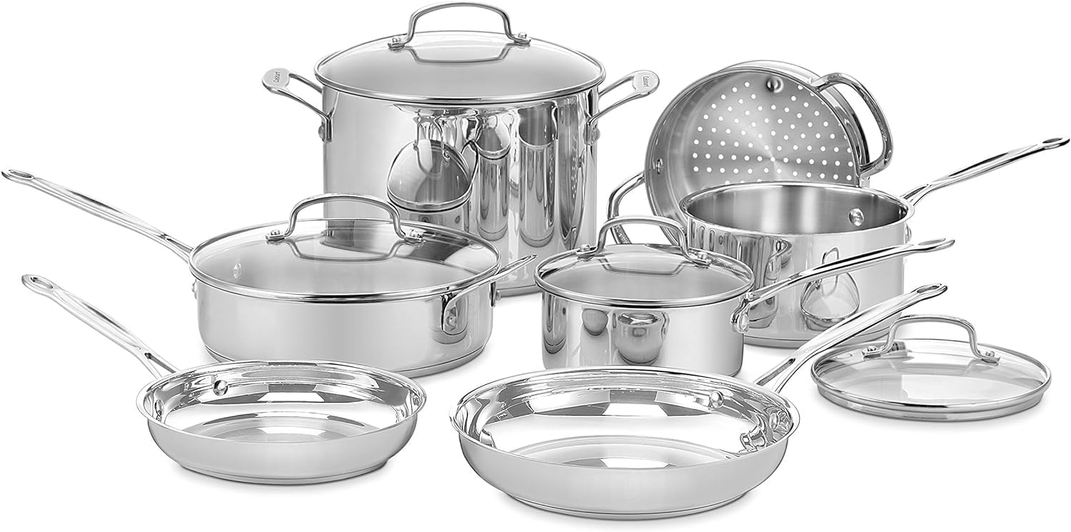 Cuisinart Chef's Classic 11-Piece Stainless Steel Pots and Pans Set, Cookware Set Compatible with Induction, Electric, Gas Cooktops, Aluminum Core for Even Heat, Cool Grip Handles, Dishwasher Safe