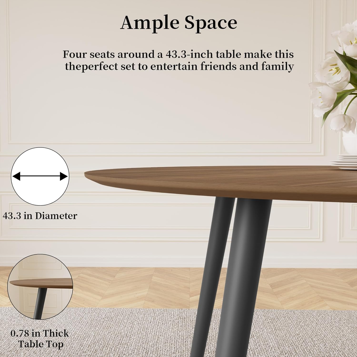HIPIHOM 43.3 Inch Walnut Round Dining Table for 4, Space-Saving Dinette Perfect for Kitchen Dining Living Room(Walnut Table)