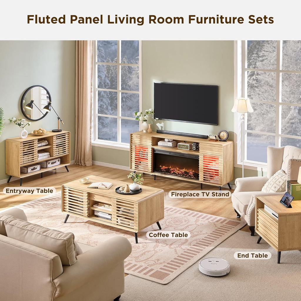 OKD Fireplace TV Stand for 80 Inch TV, Mid Century Modern Entertainment Center w/36 Electric Fireplace & LED Lights, Wood Media Console w/Sliding Slatted Doors & Storage Shelf, Natural Oak