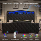 Belffin Queen Size Bed Frame and Headboard, 50.9" Velvet Upholstered Wingback Bedframe with LED Lights & Storage/Charging Station, Button Tufted Tall Footboard, No Box Spring Needed, Noise-Free, Black