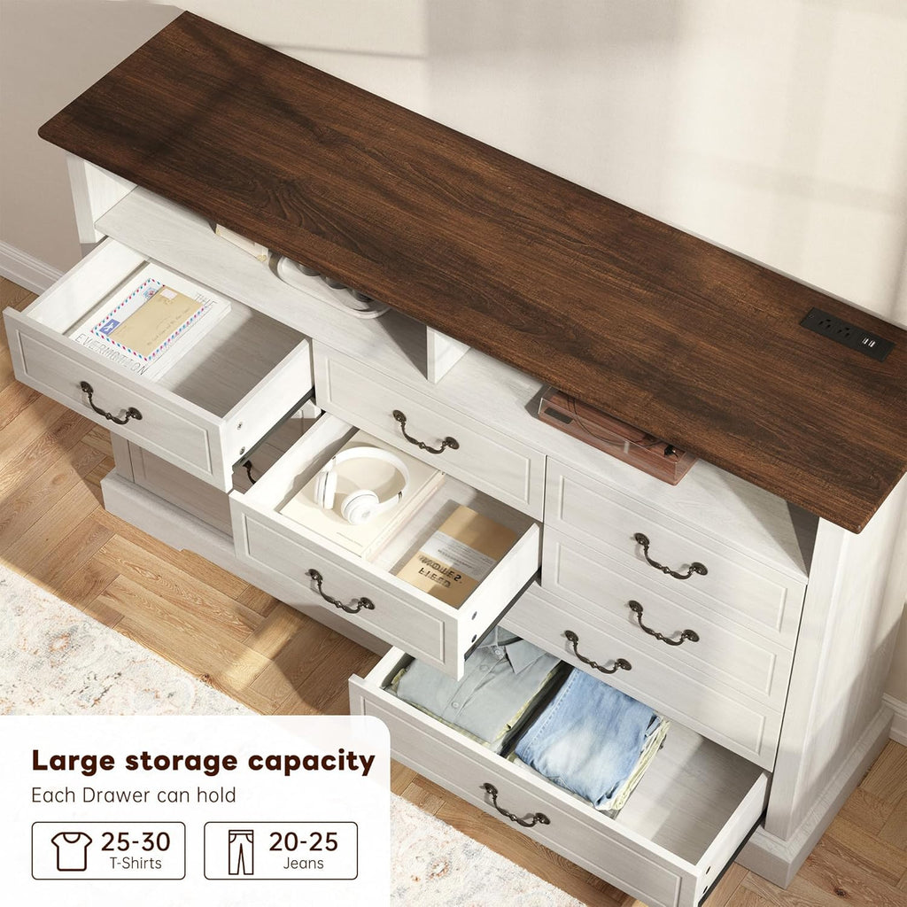 EnHomee 10 Drawers Dresser for Bedroom 55.2''Wide Wood Dresser White with LED & Power Outlet Large Space Saver & Chests of Drawers for Hallway, 55.2" W x 39.4" H x15.8 D