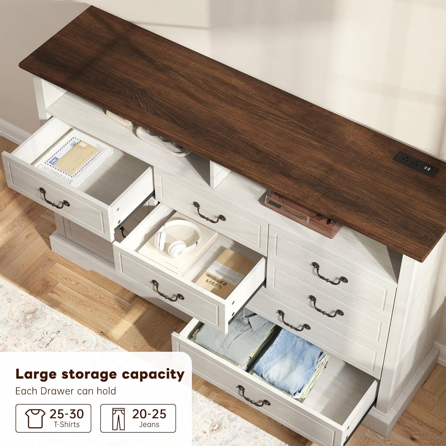 EnHomee 10 Drawers Dresser for Bedroom 55.2''Wide Wood Dresser White with LED & Power Outlet Large Space Saver & Chests of Drawers for Hallway, 55.2" W x 39.4" H x15.8 D
