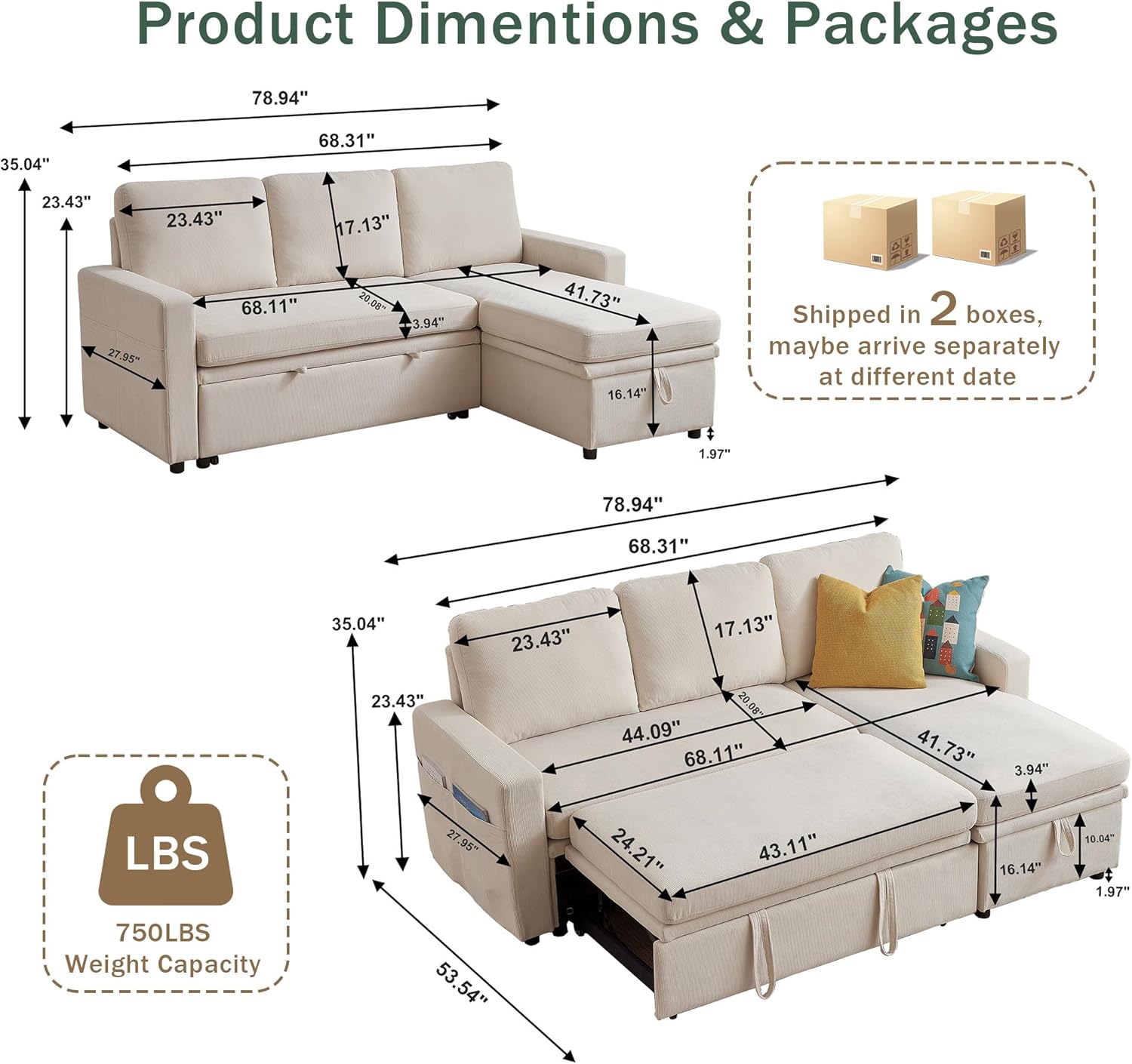 Sleeper Sofa, 79" Sectional Sofa Bed, 2 in 1 Pull Out Couch Bed with Storage Chaise and Side Pockets, L Shaped Sleeper Couch for Living Room, Beige