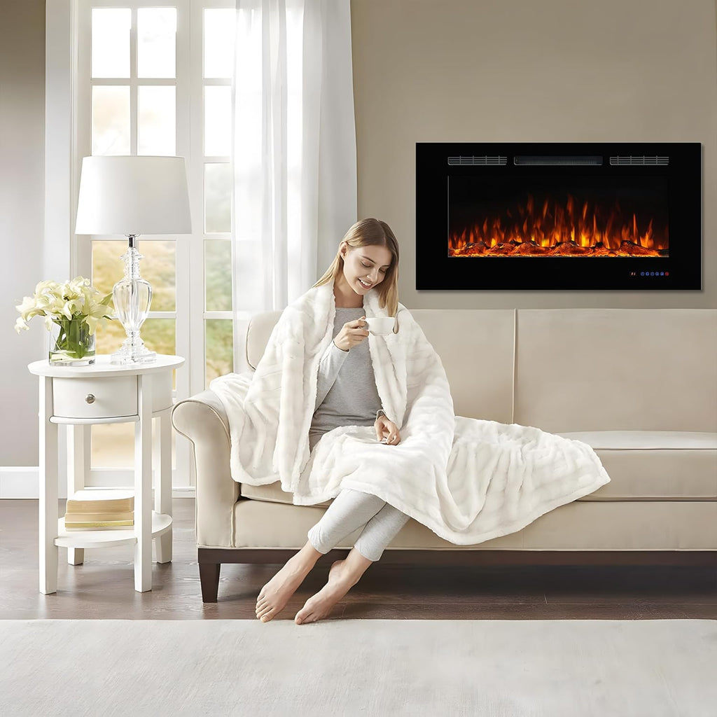 Electric Fireplace 36inches, Wall-Mounted & Recessed Fireplace Inserts, Multicolor Flame w/5 Dimmer, Remote Control Thermostat, Timer, Overheating Protection, Hardwire Connect, 1500W,Black