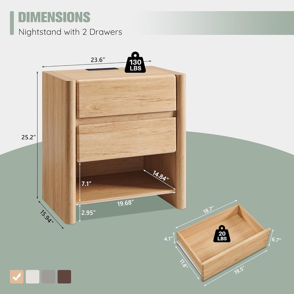 25" Tall Modern Nightstand Set of 2, 23.6" W Nightstand with Charging Station & 2 Storage Drawers & Open Shelf, Wood Night Stand w/Rounded Corner Design for Bedroom (Natural)
