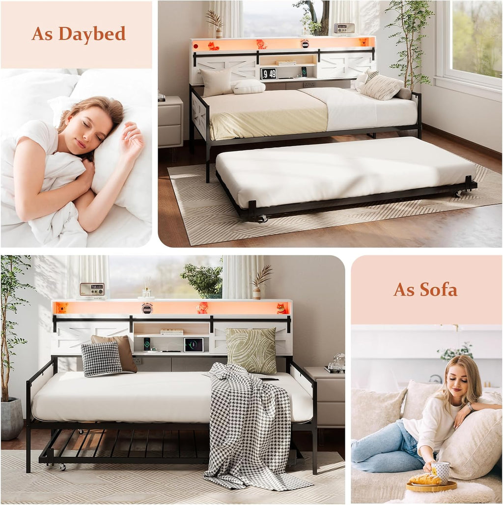 Twin Daybed with Trundle Bed, Rustic Farmhouse Daybed Frame with Sliding Barn Door Headboard LED Lights and Charging Station, Heavy Duty Metal Daybed for Guest Room Living Room Bedroom White