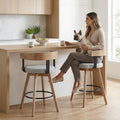 LukeAlon Linen Upholstered Counter Stools Set of 2, 360° Swivel Wooden Kitchen Stools with Wood Full Back Mid Century 26.25" Seat Height Low Barstools for Dining Room Kitchen Island, Grey