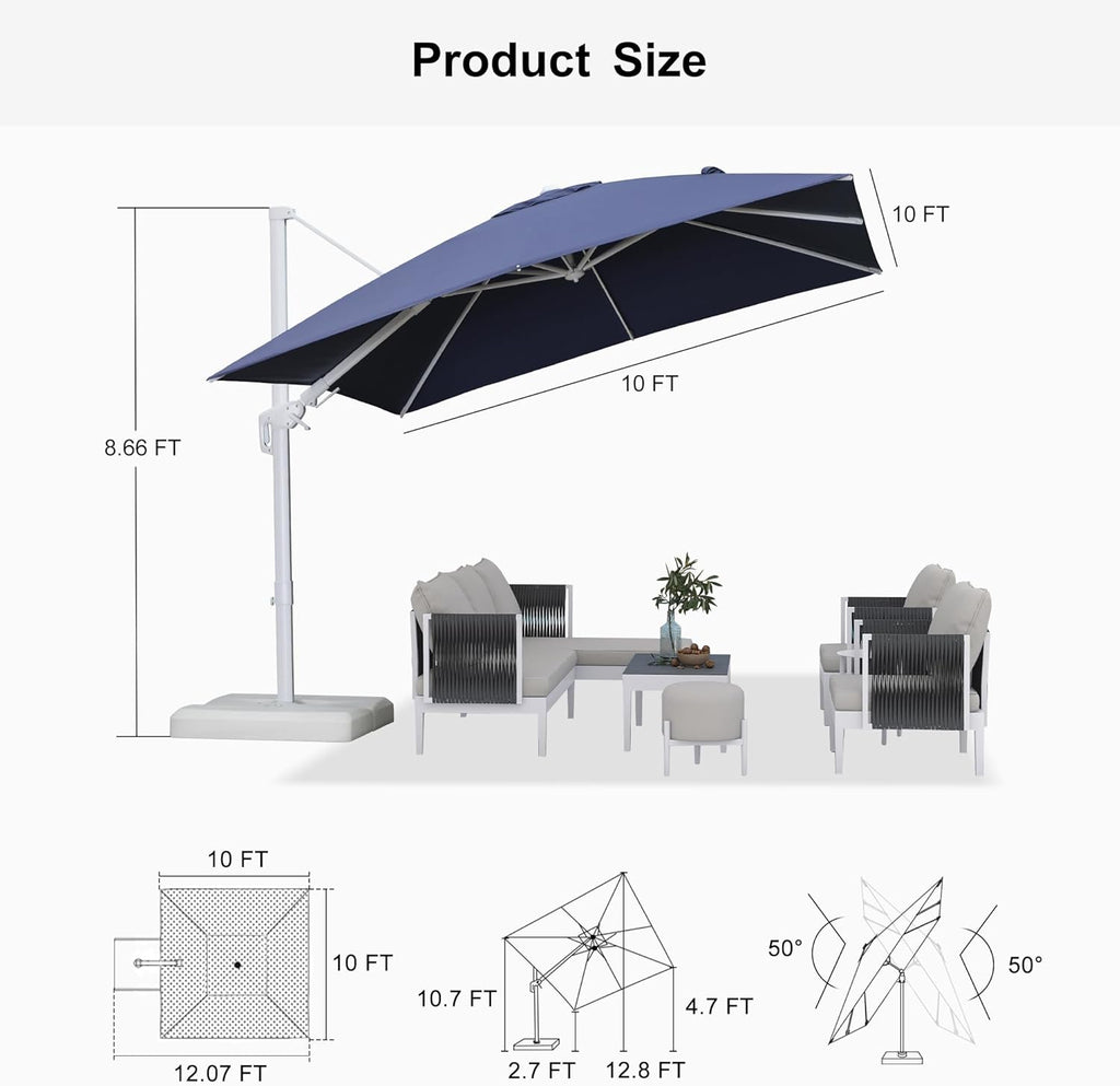 PURPLE LEAF 10 FT Right-left Tilt White Cantilever Umbrella with Base Patio Outdoor Swivel Umbrellas with Aluminum Tilt Offset Umbrella with 360° Rotation for Deck Pool, Navy Blue