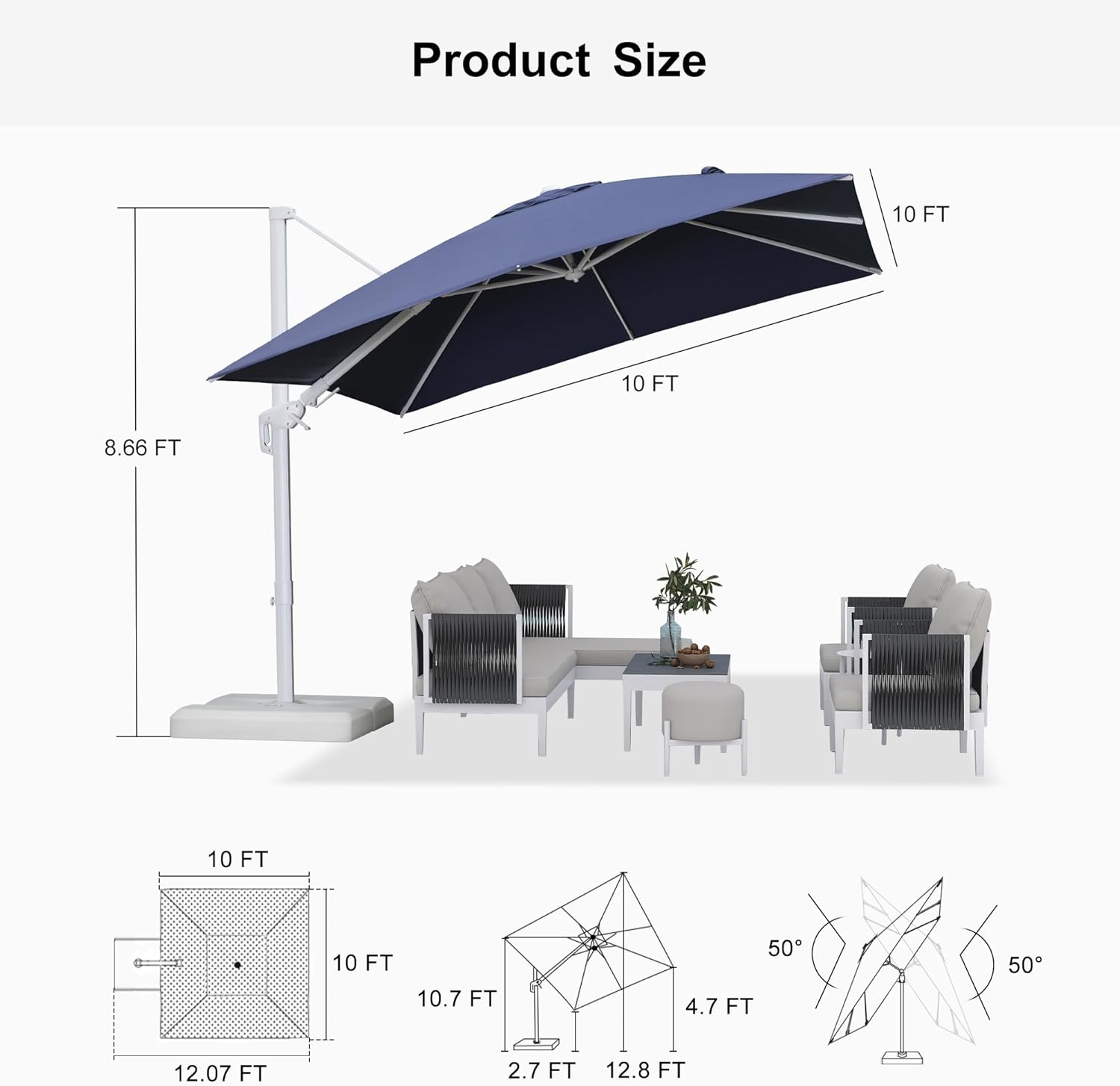 PURPLE LEAF 10 FT Right-left Tilt White Cantilever Umbrella with Base Patio Outdoor Swivel Umbrellas with Aluminum Tilt Offset Umbrella with 360° Rotation for Deck Pool, Navy Blue