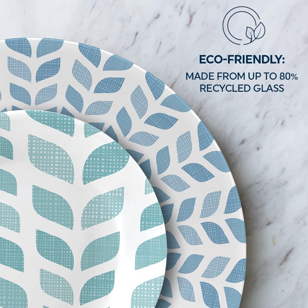 Corelle Global Collection Vitrelle 18-Piece Dinnerware Set Triple Layer Recycled Glass, Lightweight Eco-Friendly Round Plates and Bowls Set, Northern Pines