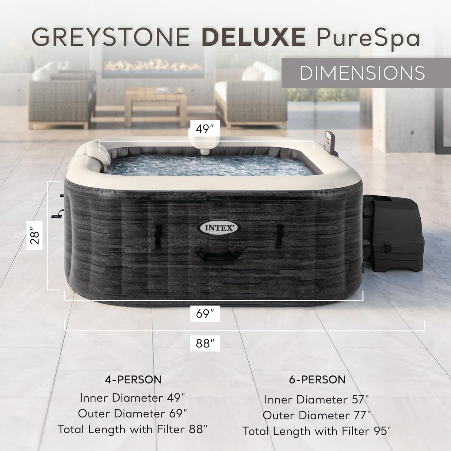 INTEX PureSpa Greystone Deluxe Inflatable Hot Tub  with with Built-in FastFill Inflation System  Spa Control App  and 4 Person Capacity  83" x 28"