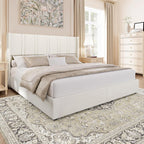 King Size Bed Frame with 4 Storage Drawers Linen Upholstered Platform Bed with Wingback Headboard, No Box Spring Needed, Easy Assembly, White