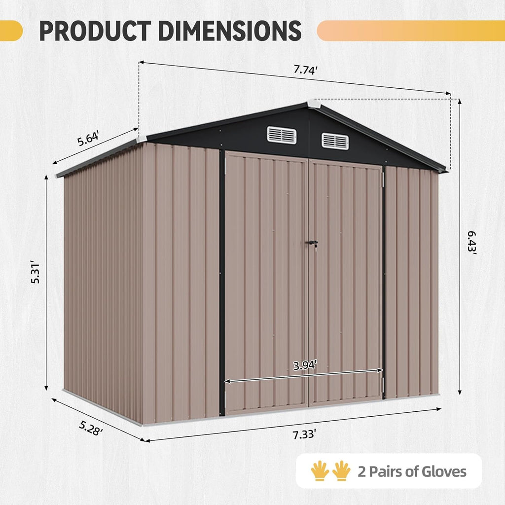 Aoxun 8x6FT Shed with Floor Galvanized Steel Outdoor Storage Shed Metal Garden Shed with Double Doors  Moisture-Proof Floor & Ventilation  Sloped Roof for Bike/Generator/Tool Storage (Brown)