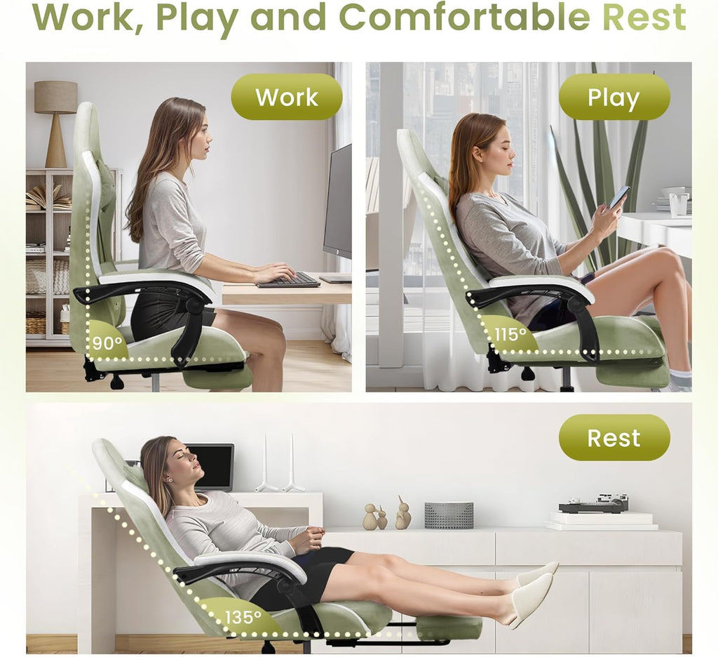 N-GEN GAMING Video Gaming Chair with Footrest Lumbar Support for Home Office High Back Recliner Height Adjustable Ergonomic Comfy Fabric Computer Desk Chair (Green)