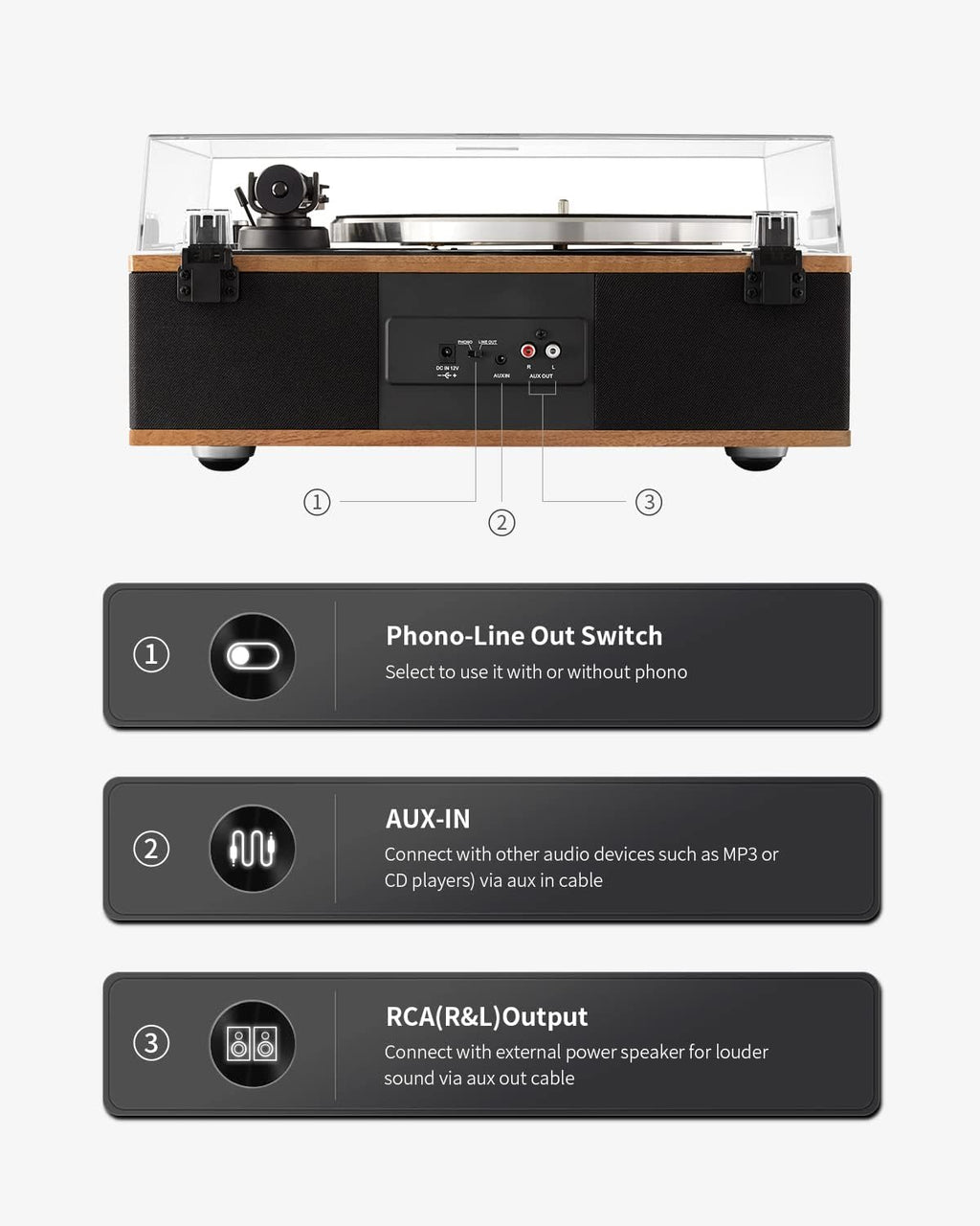ANGELS HORN Vinyl Record Player  Bluetooth Turntable with Built in Speakers Phono Preamp  High Fidelity Turntables for Vinyl Records with Magnetic Cartridge AT-3600L  Belt Drive 2-Speed