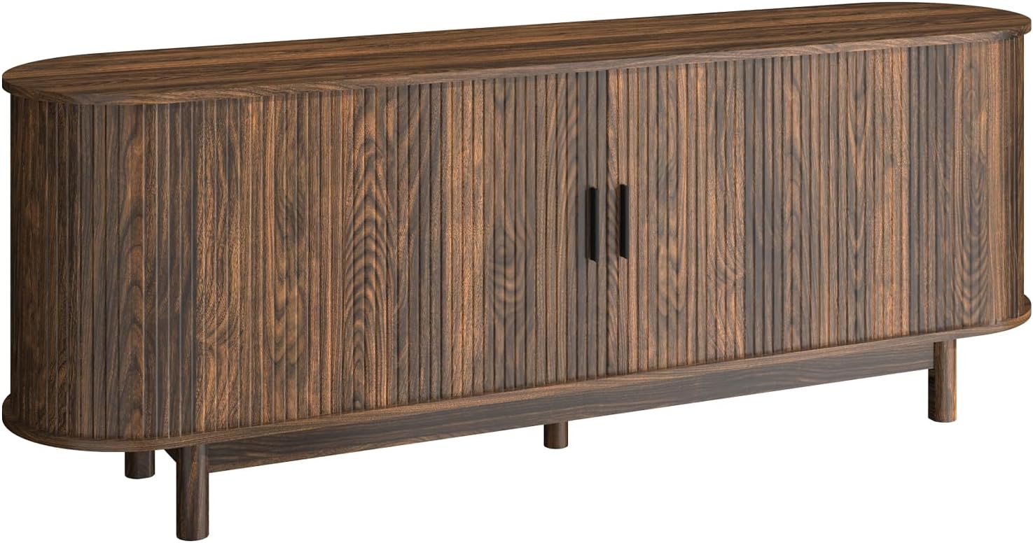 70" Farmhouse TV Stand with 50" Fireplace for TVs up to 85" 80" 75" 70" 65", Media Entertainment Center with Large Storage Cabinet,Sliding Doors for Living Room, Walnut