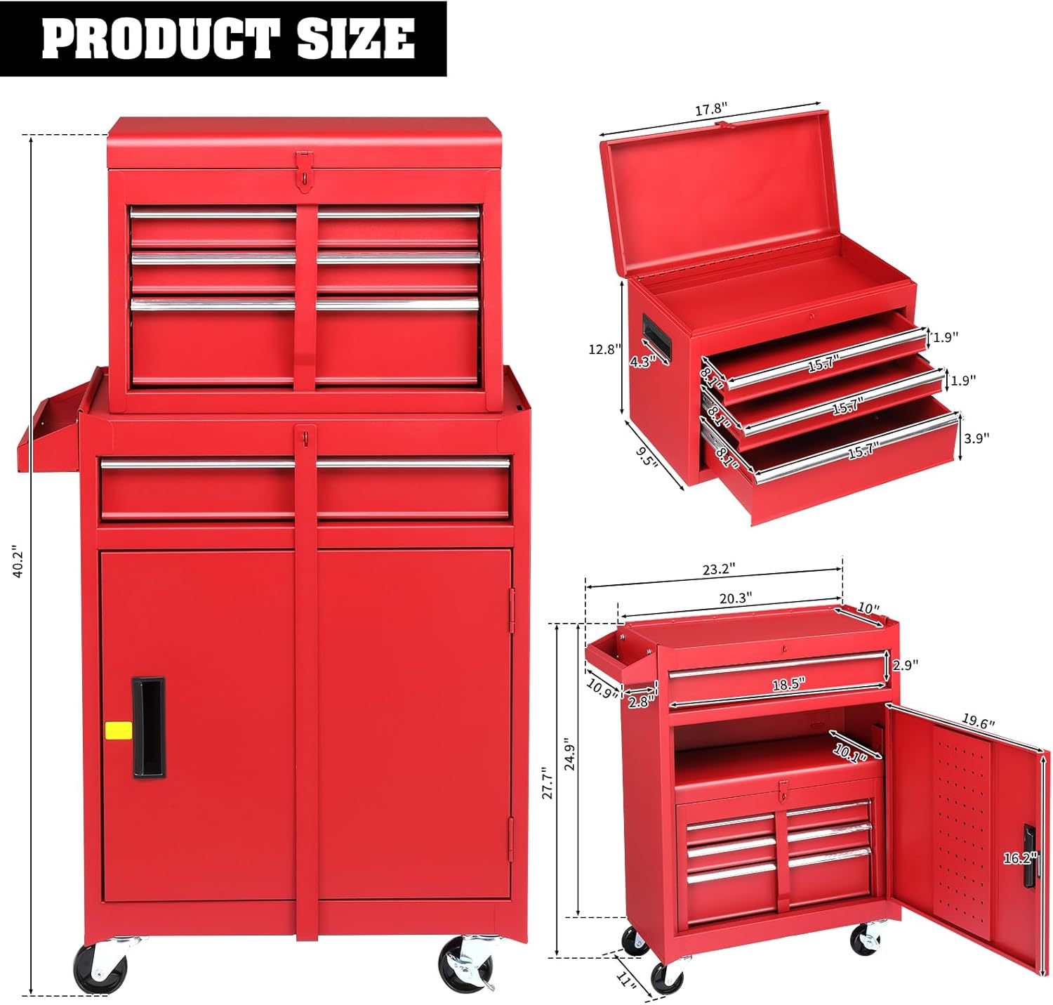 Winado 4-Drawer Rolling Tool Chest with Wheels & Lock, Tool Box with Large Storage Cabinet and Adjustable Shelf, Removable Portable Top Box for Garage, Warehouse, Factory (Red)