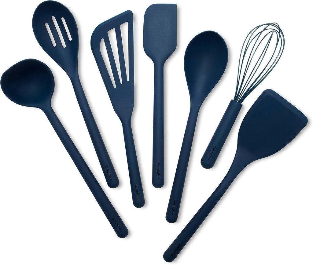 GreenPan Silicone 7 Piece Cooking Utensil Set, Ladle, Turners, Spatula, Spoons, Whisk, Flexible Nonstick Kitchen Tools Rigid Steel Core, Heat-Resistant, Anti-Slip Handle BPA-Free Dishwasher Safe, Blue