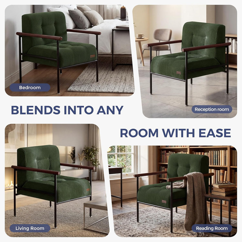 MAXYOYO Living Room Accent Chair, Modern Chair with Sturdy Metal Frame & Wood Armrests, Upholstered Reading Chair with Upholstered Cushion for Bedroom Balcony Porch, Dark Green