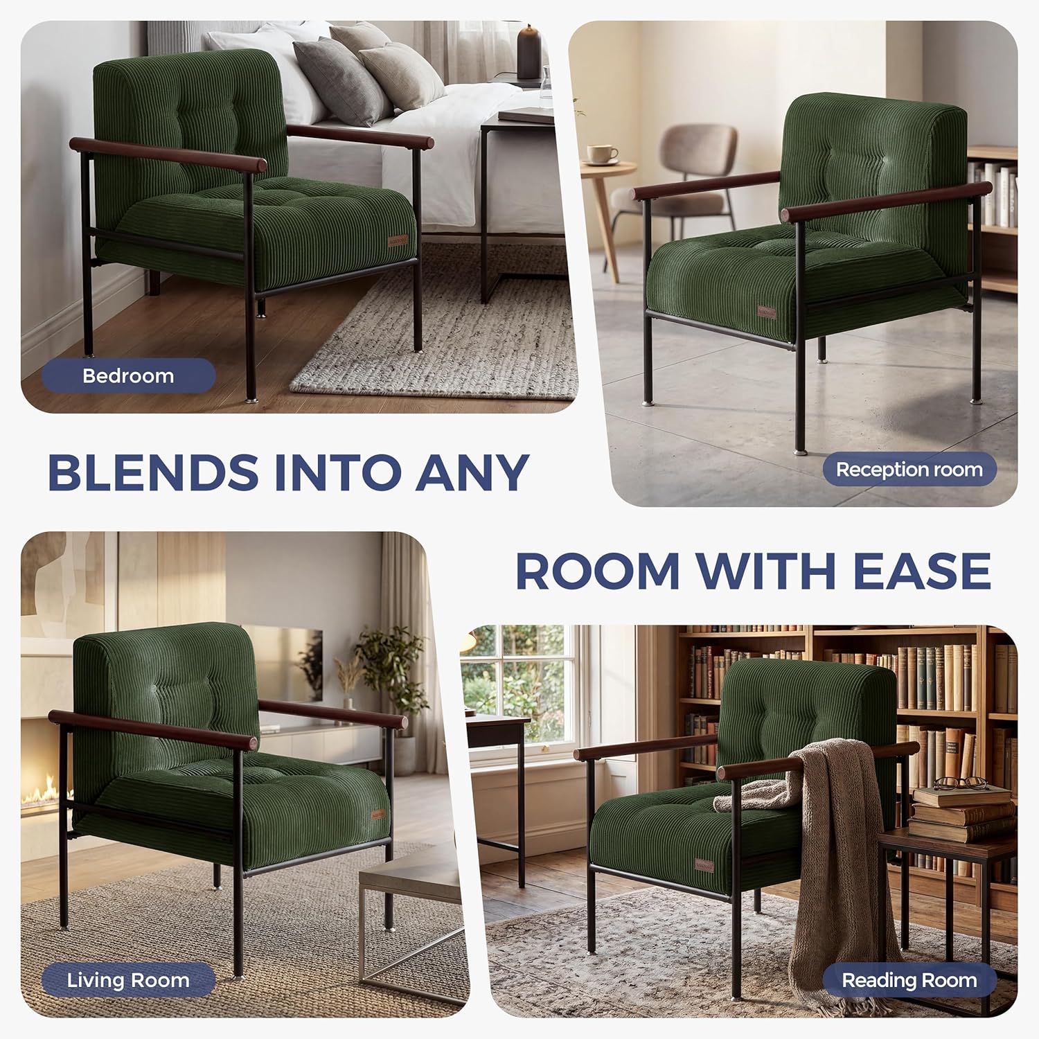 MAXYOYO Living Room Accent Chair, Modern Chair with Sturdy Metal Frame & Wood Armrests, Upholstered Reading Chair with Upholstered Cushion for Bedroom Balcony Porch, Dark Green