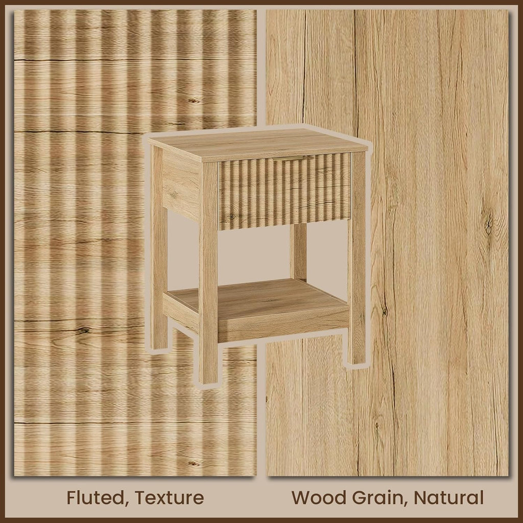 Fluted Night Stand with Golden Handle,Set of 2 Mid-Century Nightstands with Drawer, Bedside Table with Storage Shelf,Large Wood End Tables for Livingroom,Bed Side Tables for Bedroom, Natrual Oak