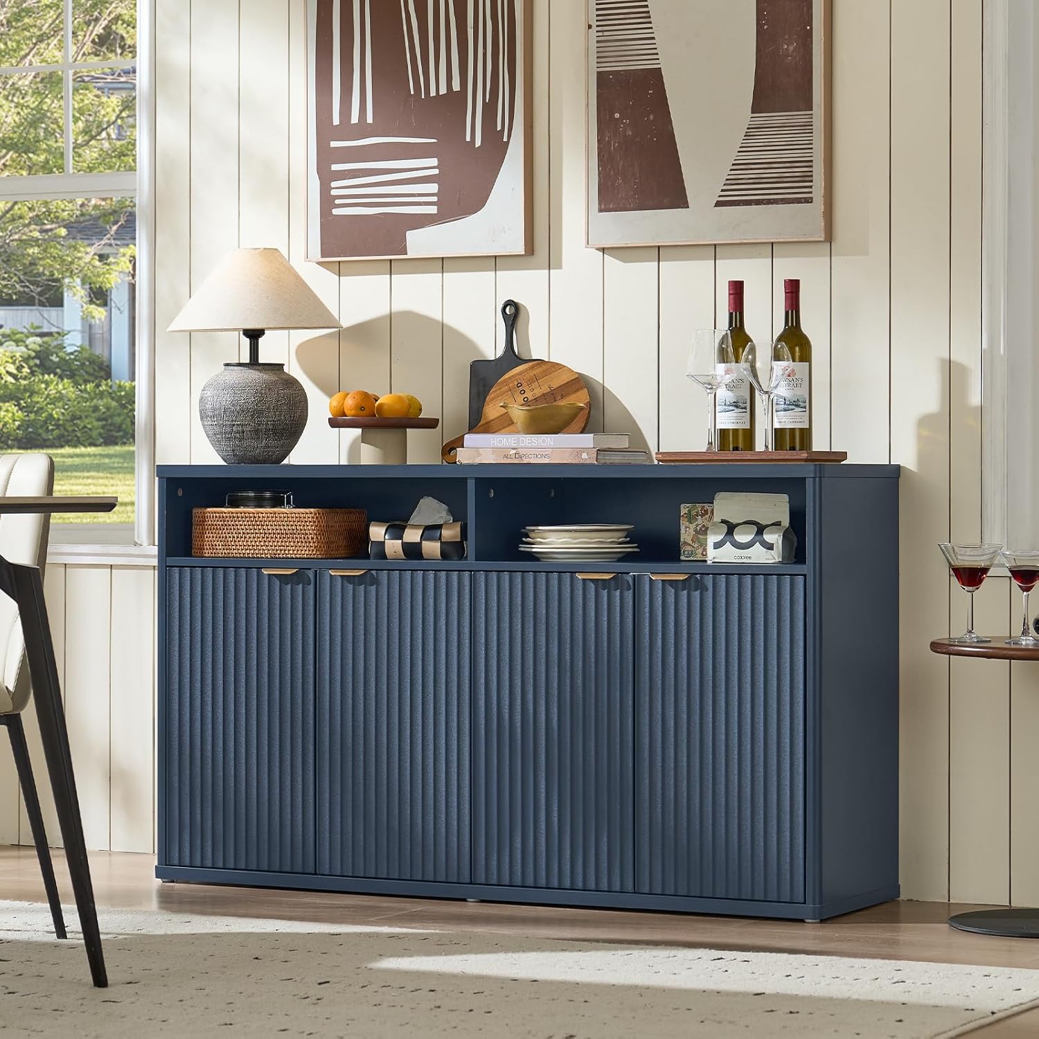 LEYAOYAO Fluted Buffet Cabinet with Storage, 55" Wide Wood Sideboard Credenza with 4 Doors & Open Storage Shelf, Modern Kitchen Console Accent Cabinets, Coffee Bar Table for Dining Room, Dark Blue