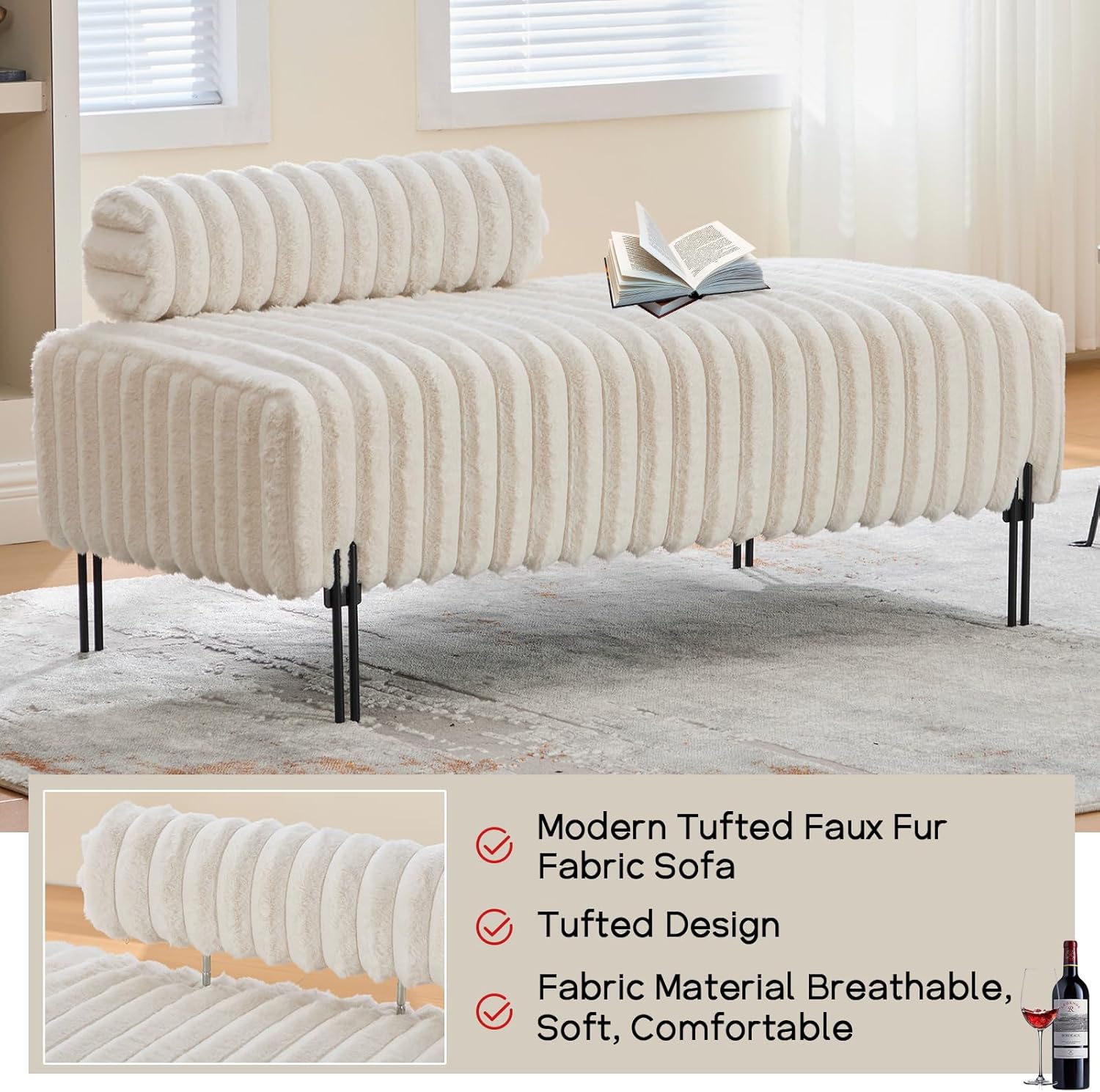NIOIIKIT 49.6" Modern Loveseat Sofa Couch, Upholstered Accent Sofa with Golden Legs and Adjustable Backrest, Small Faux Fur Couches for Bedroom, Living Room, Compact Small Space (Beige)