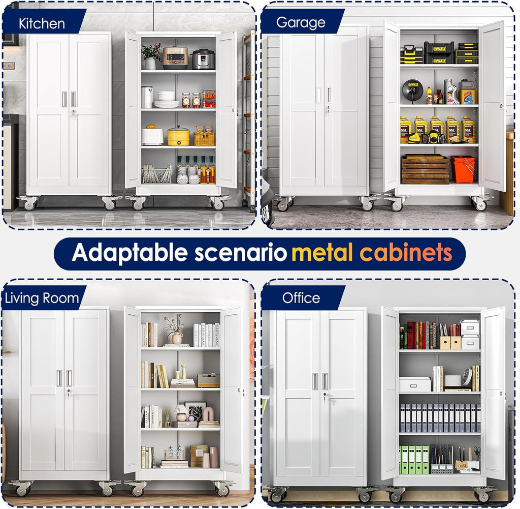 erosoei 61" H Metal Garage Storage Cabinet, Rolling Tool Cabinet with 2 Doors and Wheels, Locker Steel Cabinet with 3 Adjustable Shelves, Organization Cabinet for Garage,Office,Home,Gym,School（White）