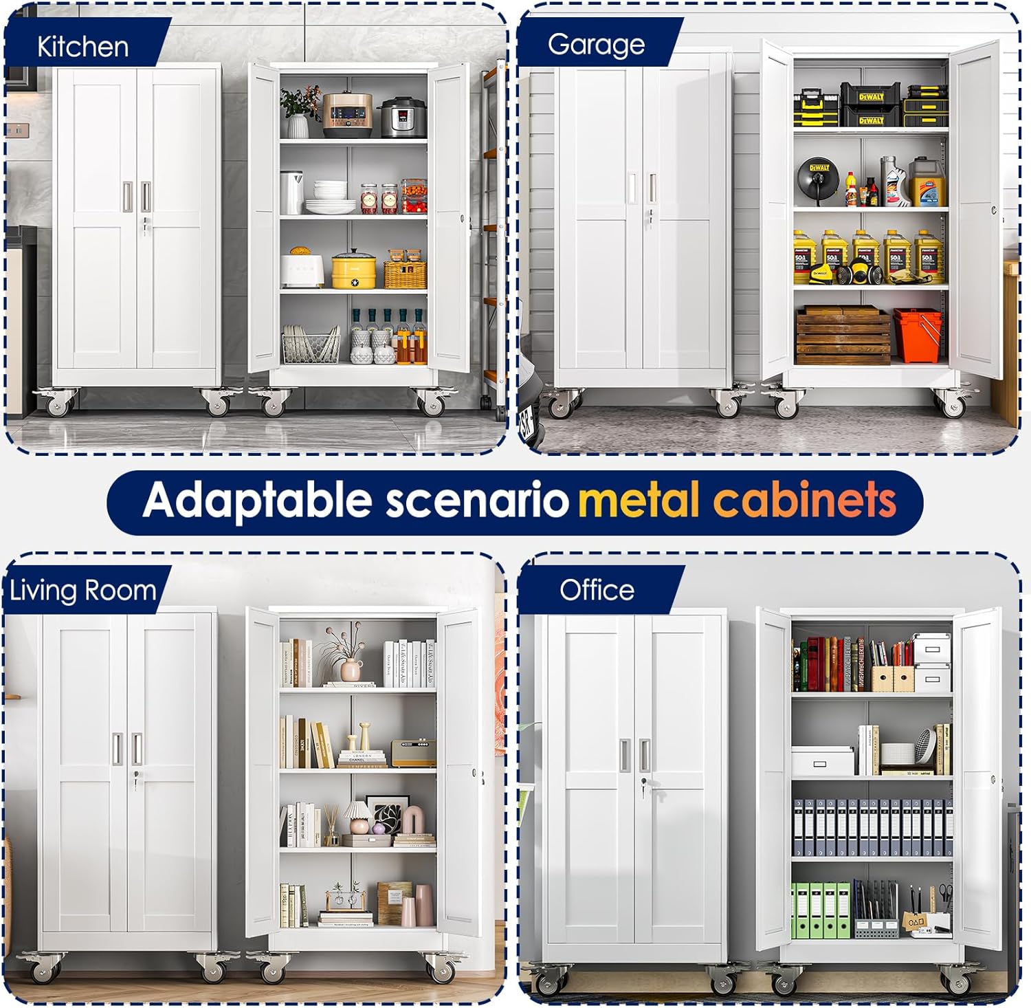 erosoei 61" H Metal Garage Storage Cabinet, Rolling Tool Cabinet with 2 Doors and Wheels, Locker Steel Cabinet with 3 Adjustable Shelves, Organization Cabinet for Garage,Office,Home,Gym,School（White）