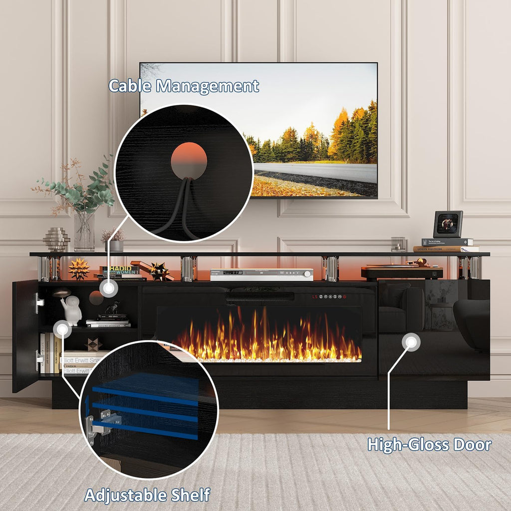 PUKAMI 70" Fireplace TV Stand, LED Light Entertainment Center with 36" Electric Fireplace, 2 Tier Modern Wood Media TV Console with Highlight Storage Cabinet for Living Room, Black
