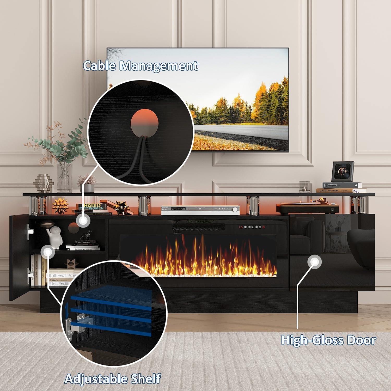 PUKAMI 70" Fireplace TV Stand, LED Light Entertainment Center with 36" Electric Fireplace, 2 Tier Modern Wood Media TV Console with Highlight Storage Cabinet for Living Room, Black