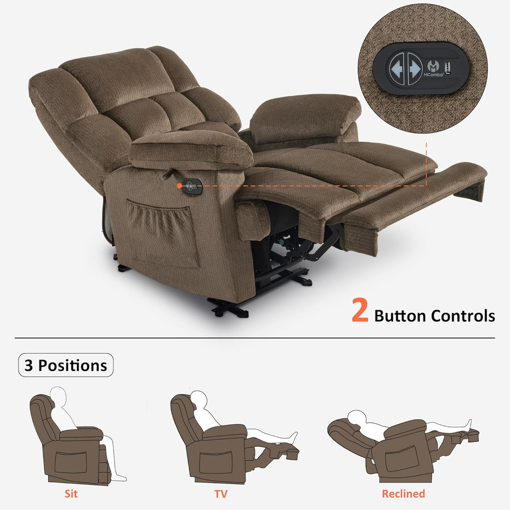MCombo Zero Gravity Power Recliner Chair with Heat and Vibration Massage, Reclining Chair with USB Ports for Living Room, Fabric R6233 (Brown)