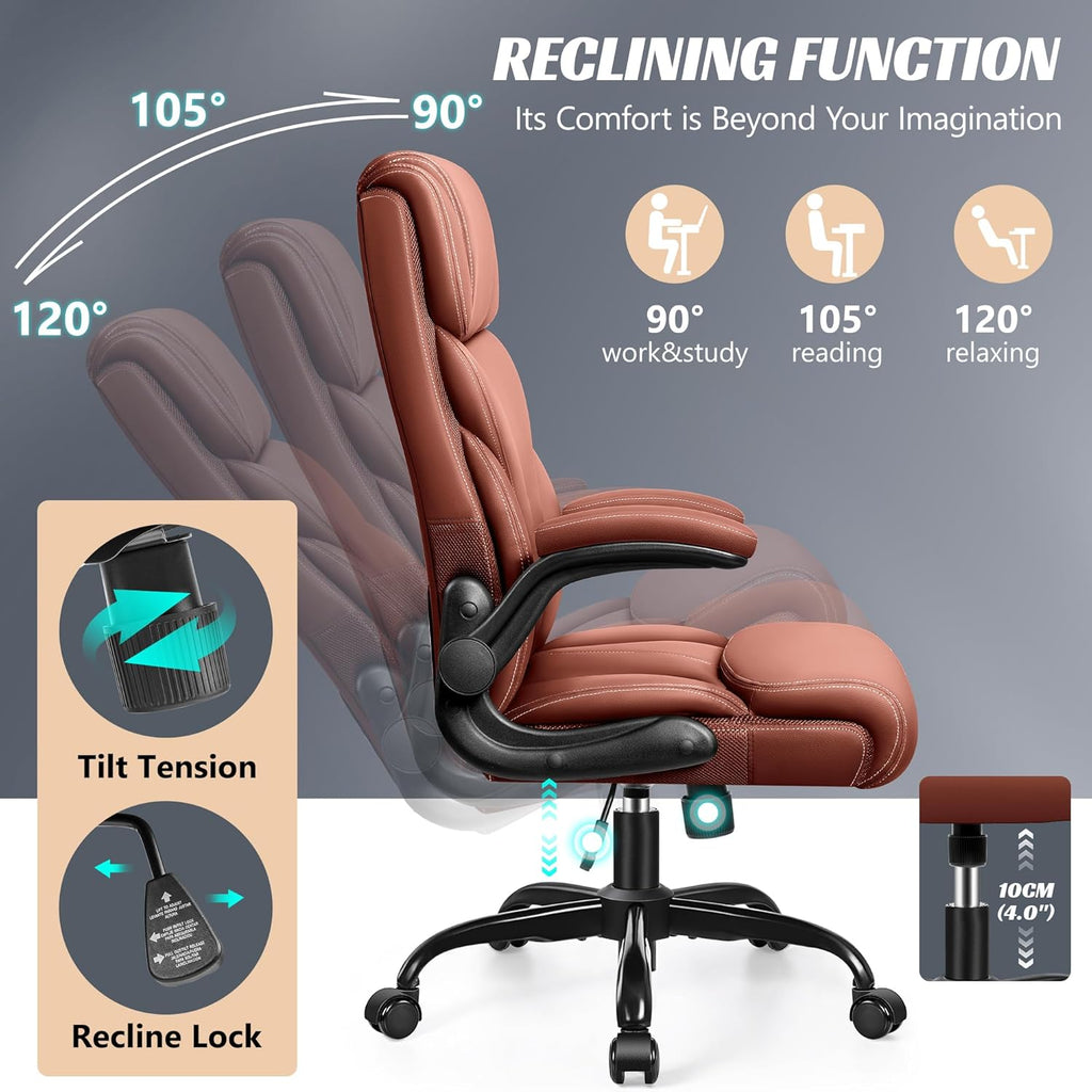 HeroSet Office Chair, Ergonomic Big and Tall Computer Desk Chairs, Executive Breathable Leather Chair with Adjustable High Back Flip-up Armrests, Lumbar Support Swivel PC Chair with Rocking Function