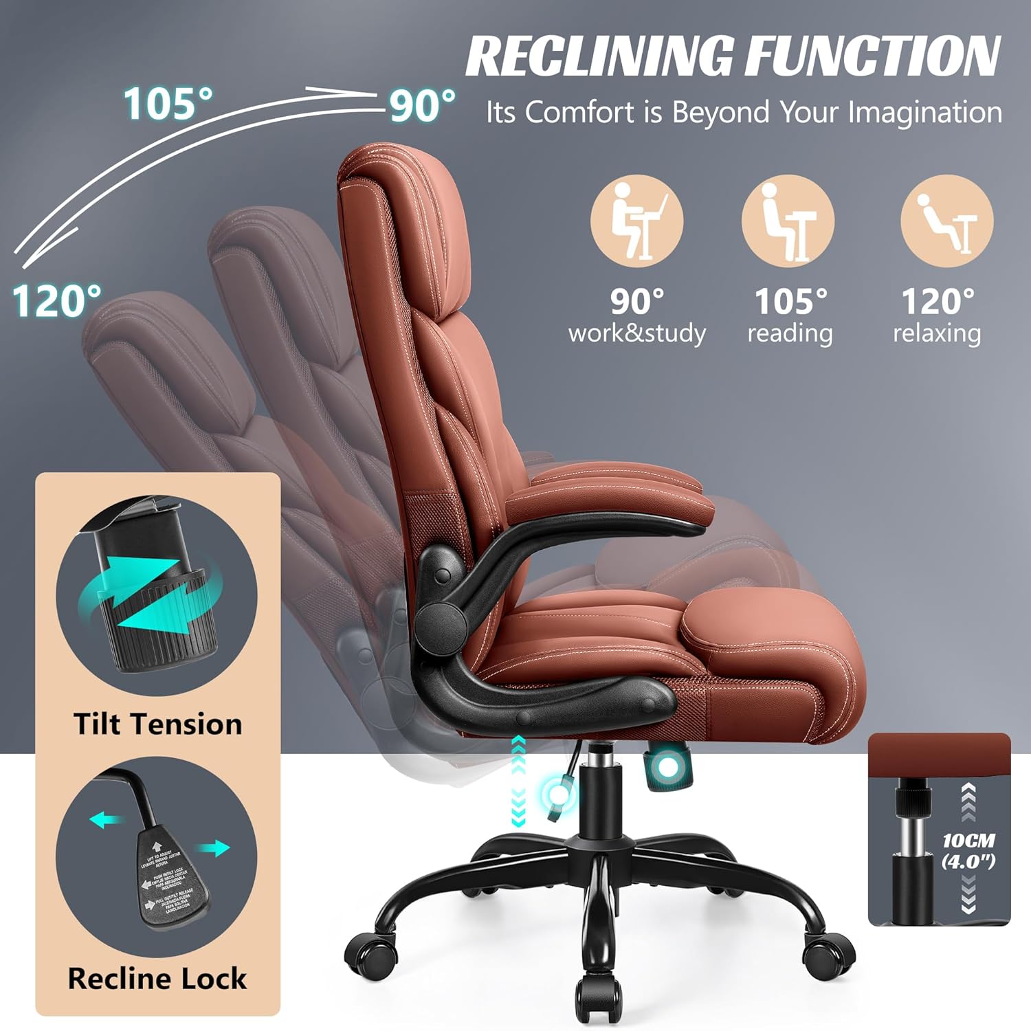 HeroSet Office Chair, Ergonomic Big and Tall Computer Desk Chairs, Executive Breathable Leather Chair with Adjustable High Back Flip-up Armrests, Lumbar Support Swivel PC Chair with Rocking Function