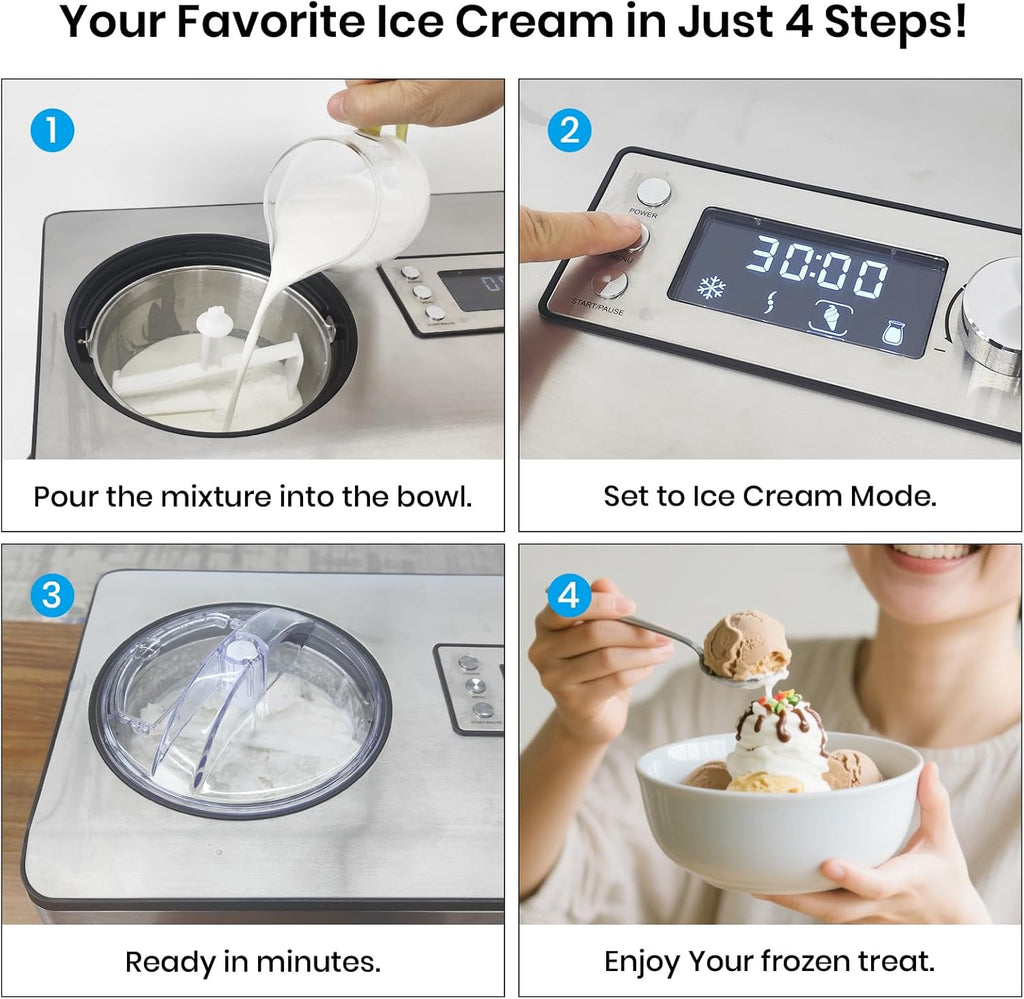 Ice Cream Maker with Upgraded Compressor, 40% Faster Freezing, No Pre-Freezing Needed, LED Display, 2.1 Qt Capacity, Easy Operation for Ice Cream & Yogurt, Stainless Steel