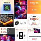 Tablet｜14 inch Android 16 Tablet｜30GB RAM 256GB ROM｜1920 * 1200 IPS FHD｜10000mAh 30W Fast Charging｜Octa-core Processor｜Wi-Fi 6, BT 5.4｜Dual Camera with Keyboard｜Mouse｜Stylus｜Case｜Headphone