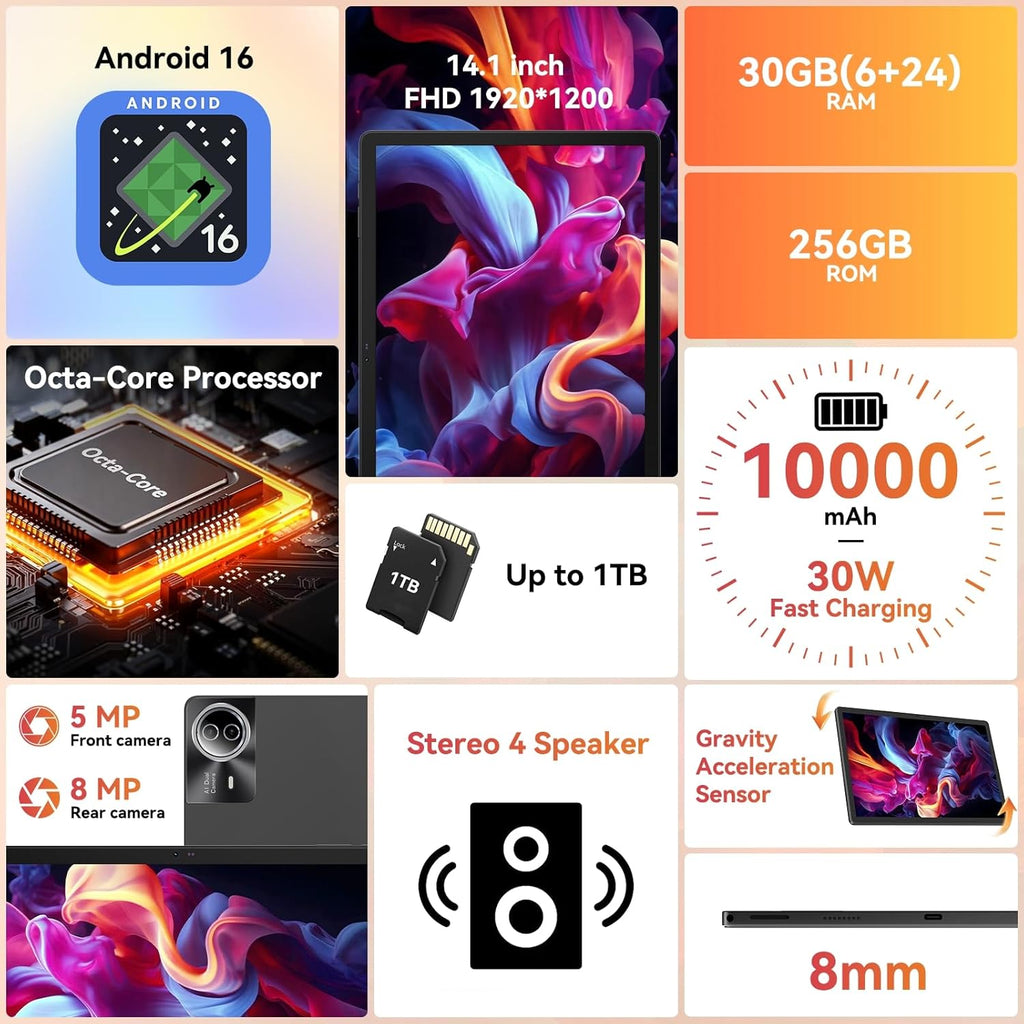 Tablet｜14 inch Android 16 Tablet｜30GB RAM 256GB ROM｜1920 * 1200 IPS FHD｜10000mAh 30W Fast Charging｜Octa-core Processor｜Wi-Fi 6, BT 5.4｜Dual Camera with Keyboard｜Mouse｜Stylus｜Case｜Headphone