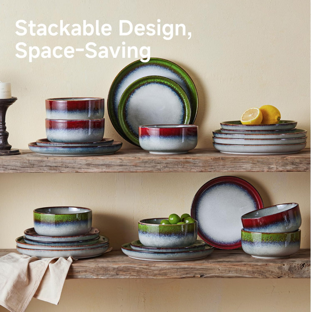 KINGSTONE Stoneware Dinnerware Sets for 4, 12-Piece Reactive Glaze Plates and Bowls Sets, Scratch-Resistant Rustic Ceramic Dish Set for Home Kitchen, Microwave and Dishwasher Safe, Kiln-Fired Red