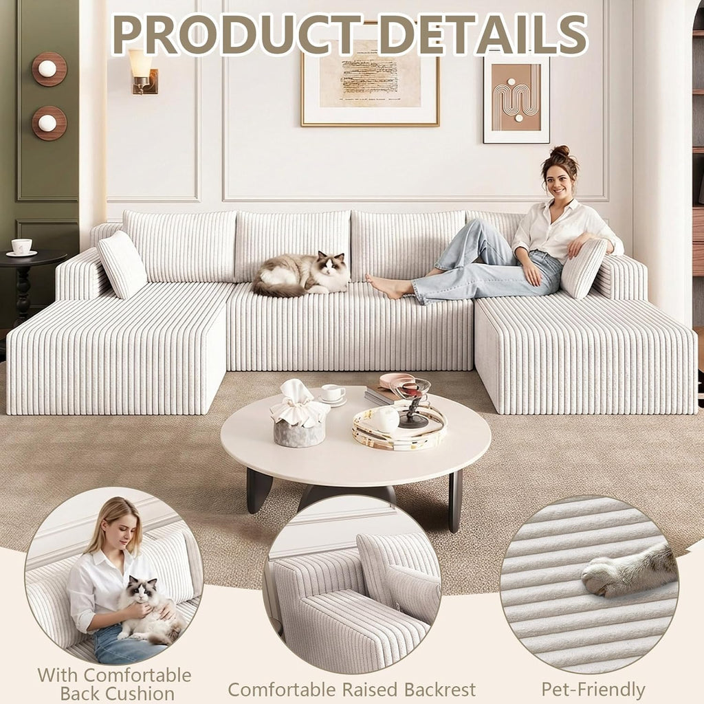 124" U Shaped Cloud Couch Sectional, Corduroy Upholstered 4-Seater Cloud Couches for Living Room, Deep Seat Modular Boneless Sofa with Lounge Chaise, No Assembly Required, White