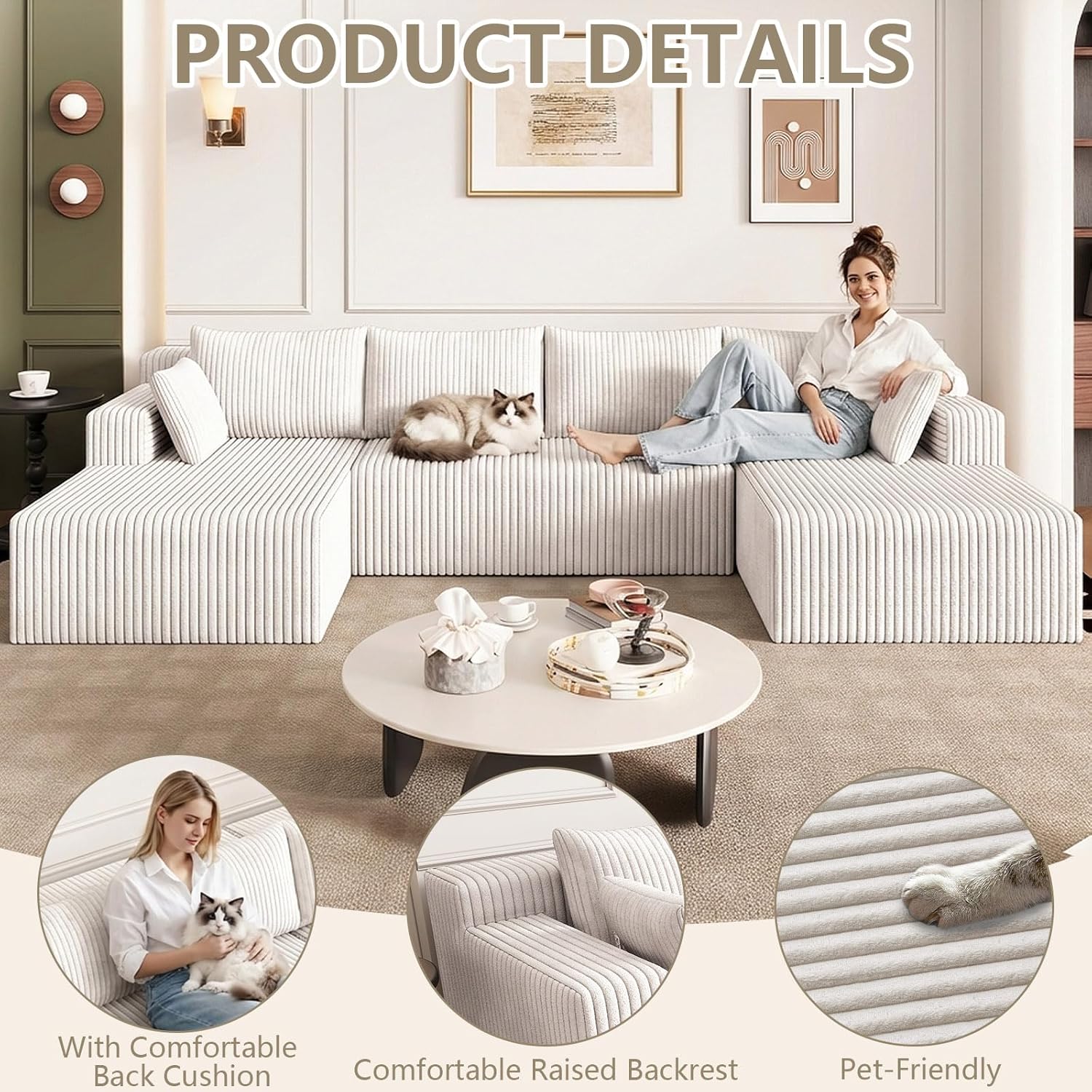 124" U Shaped Cloud Couch Sectional, Corduroy Upholstered 4-Seater Cloud Couches for Living Room, Deep Seat Modular Boneless Sofa with Lounge Chaise, No Assembly Required, White