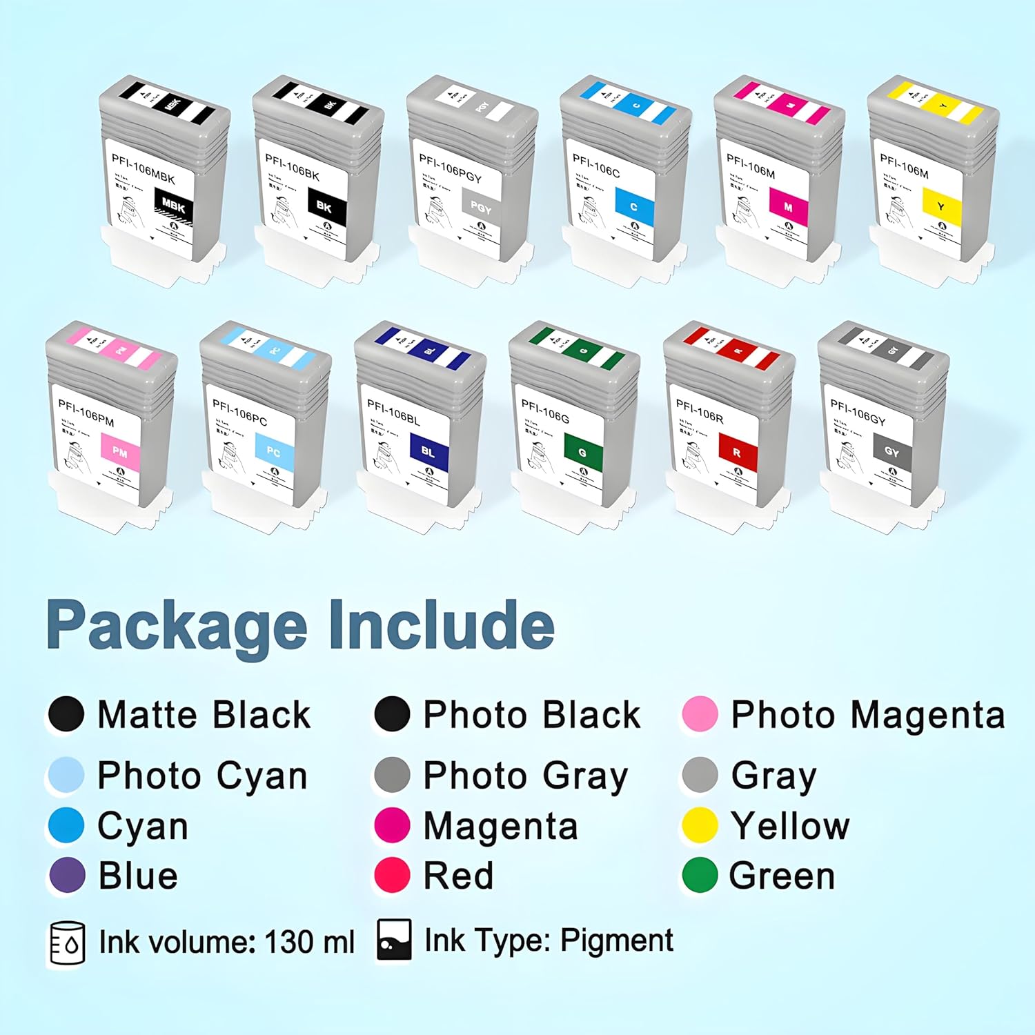 PFI106 Ink Cartridge Set PFI-106 Remanufactured Ink Tank for Canon imagePROGRAF iPF6300 iPF6300S iPF6350 iPF6400 iPF6400S iPF6400SE iPF6450 (12Pack  MBK BK PGY C M Y PM PC BL GR RED GY)