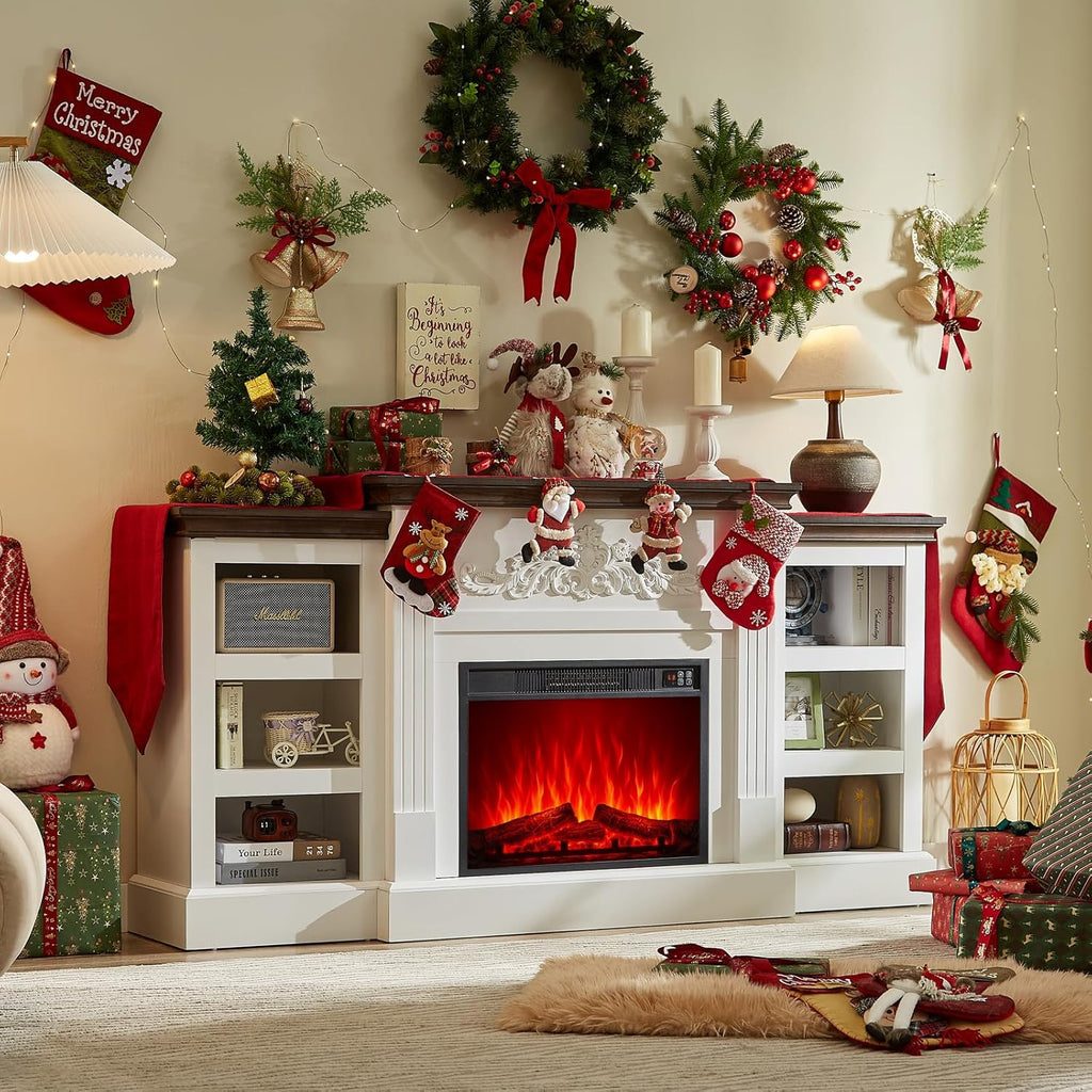 SOOWERY Electric Fireplace with Mantel, Fireplace TV Stand with Replaceable Fireplace Insert and Storage, Farmhouse Entertainment Center with Fireplace Heater for TVs Up to 80", White & Brown