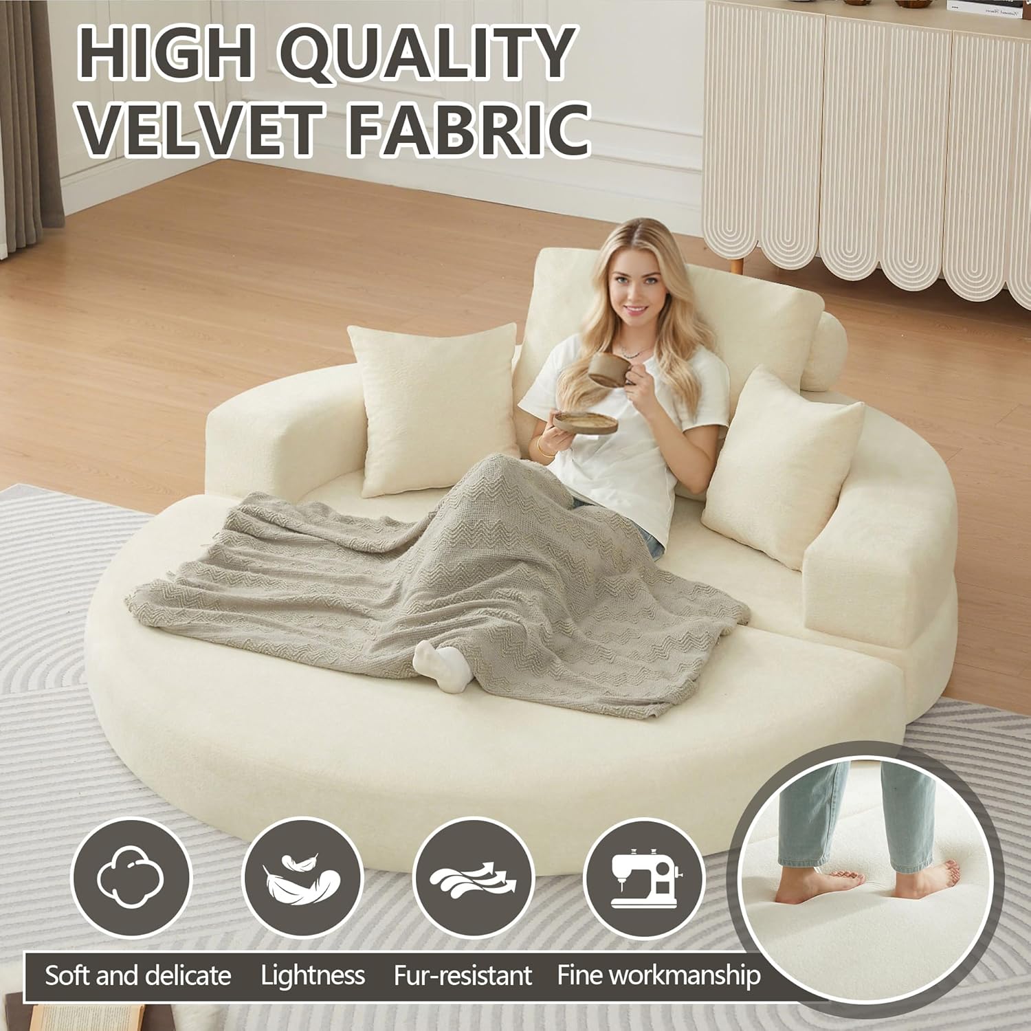 71" Boneless Couch Sofa Bed Oversized Round Couch 2-in-1 Foldable Floor Loveseat Sofa for Living Room and Apartment No Assembly (Beige, 71")