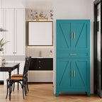 QINPTWUT 71" Farmhouse Pantry Cabinet in Blue, with 4 Doors & Center Drawer, Tall Food Cabinet with Adjustable Shelves, Freestanding Steel Cupboard for Kitchen, Dining Room, Pantry, Garage