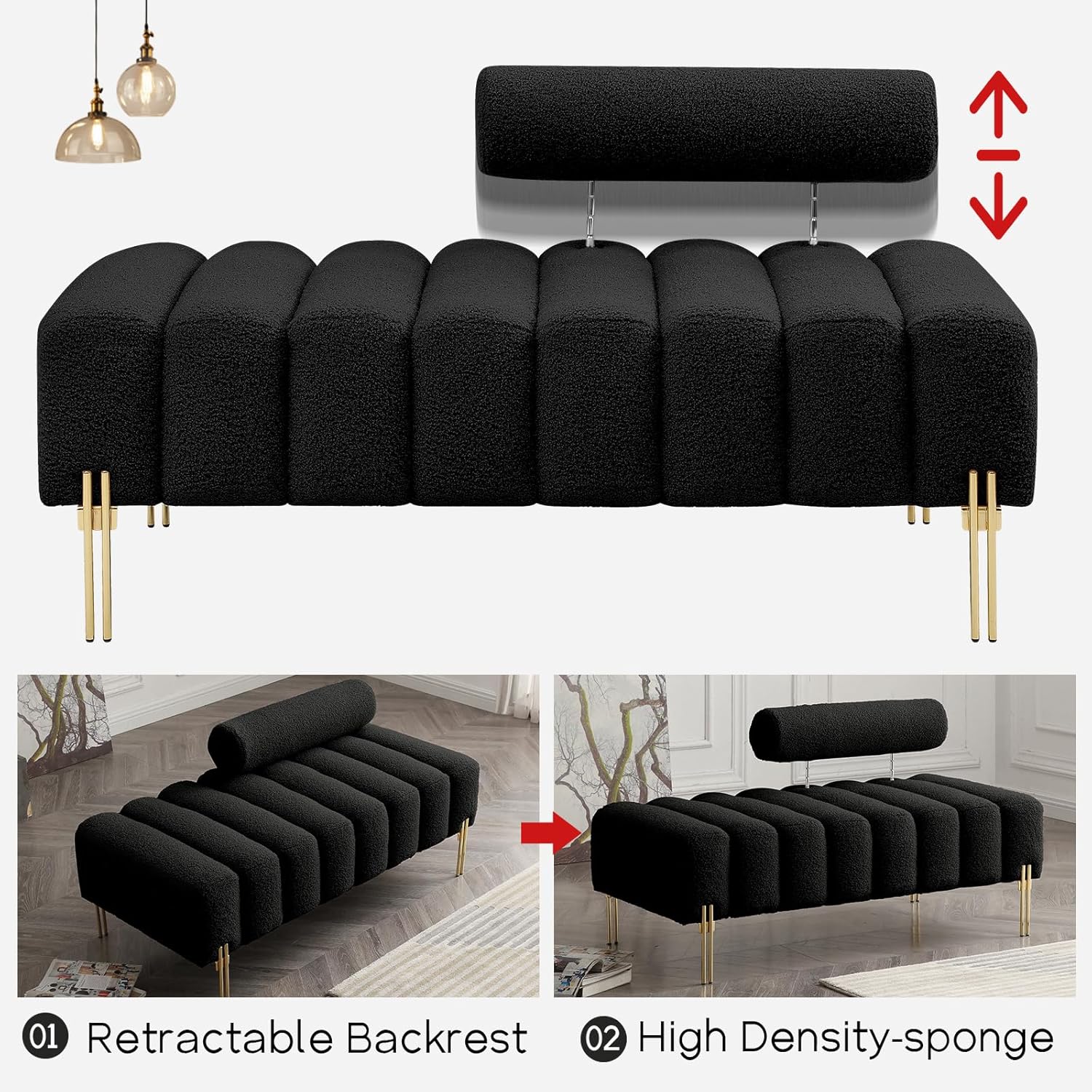 NIOIIKIT 53.2" Modern Loveseat Sofa Couch, Upholstered Accent Sofa with Golden Legs and Adjustable Backrest, Small Teddy Fleece Couches for Bedroom, Living Room, Compact Small Space (Black Teddy)