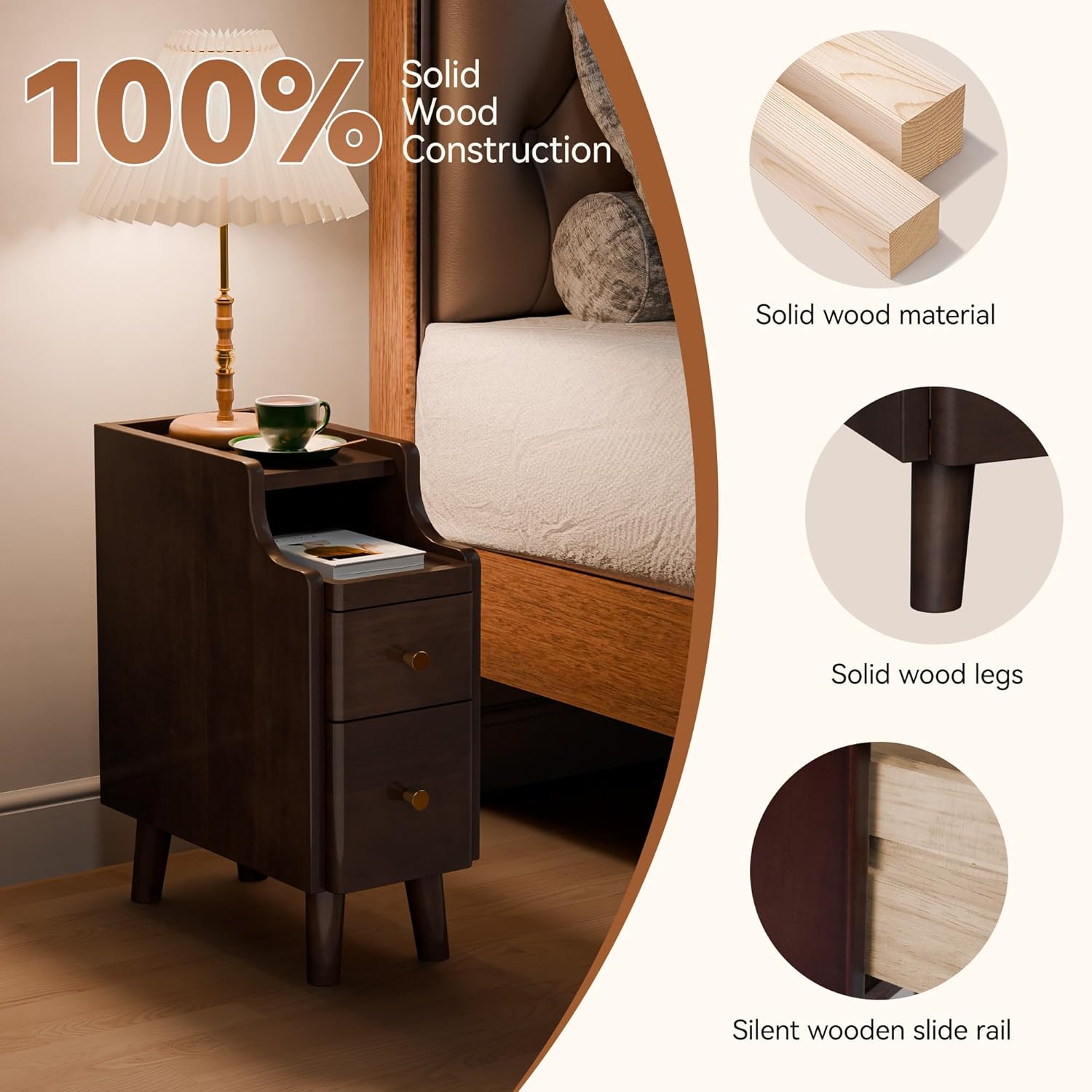 Narrow Nightstand with Drawers Set 2, Pre-Assembled Solid Wood Small Skinny Night Stand with Open Sliding Shelf Slim Bedside Table for Bedroom, Slim Side Table 2, Black Walnut, 8"