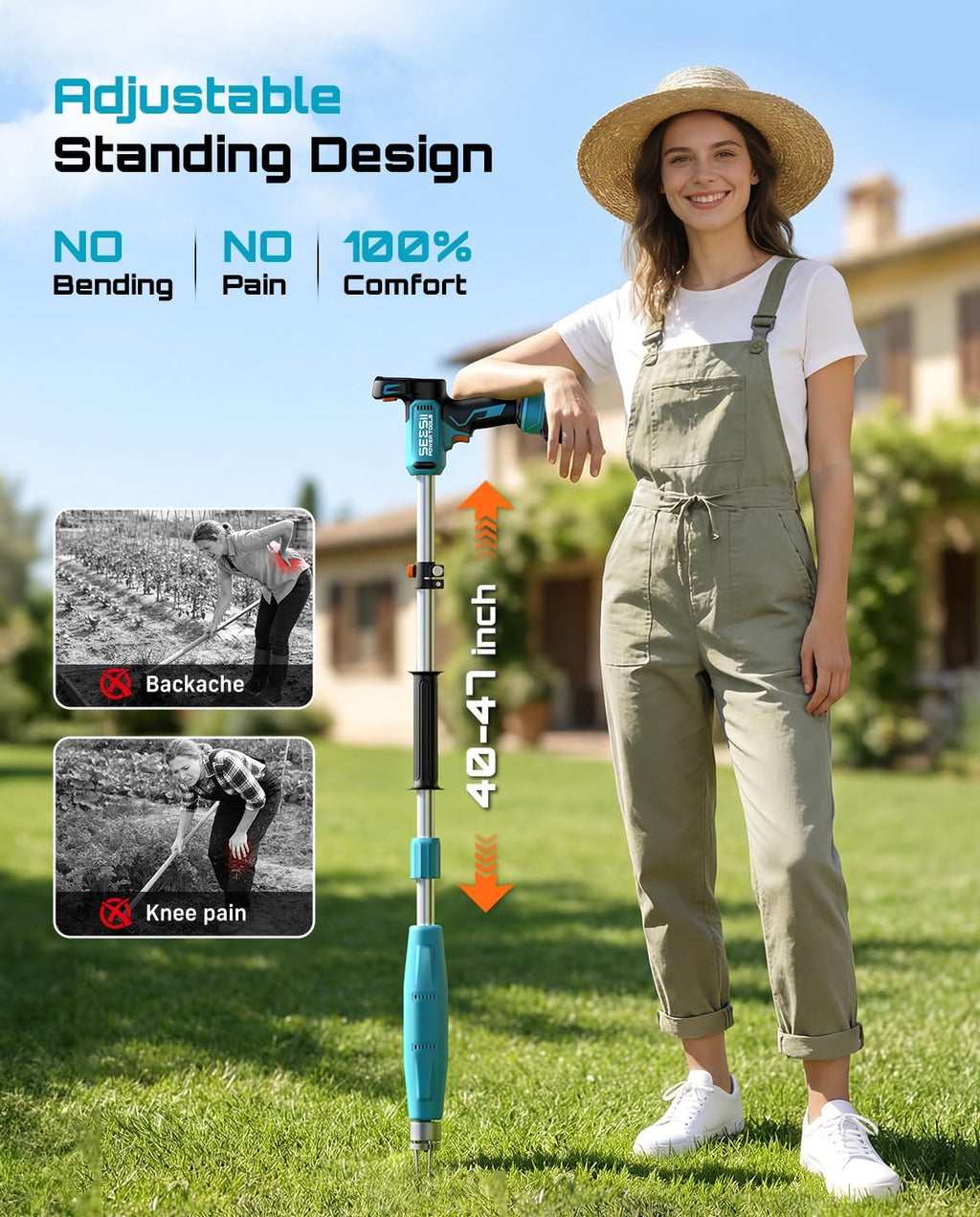 SEESII Stand-Up Weed Puller Tool with 40"-47" Adjustable Handle, High-Power 3-Claw Stainless Steel Spiral, 4S Deep Root Removal, One-Button Eject, Dandelion Remover & Crabgrass Puller for Garden