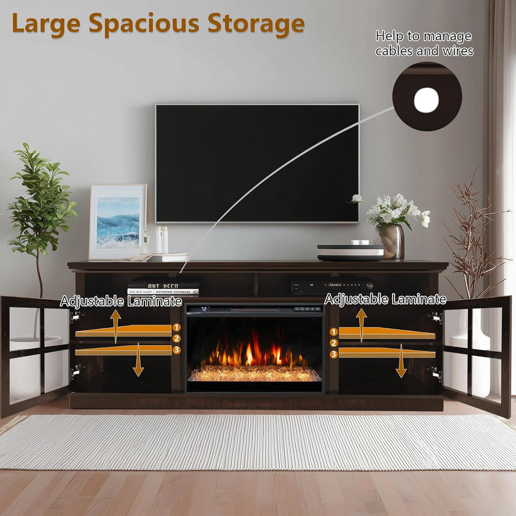 72" Fireplace TV Stand for TVs Up to 80", Entertainment Center with 26" Electric Fireplace, 5 Flame Colors Control with Remote, Modern Farmhouse Cabinet Console Glass Door, Brown