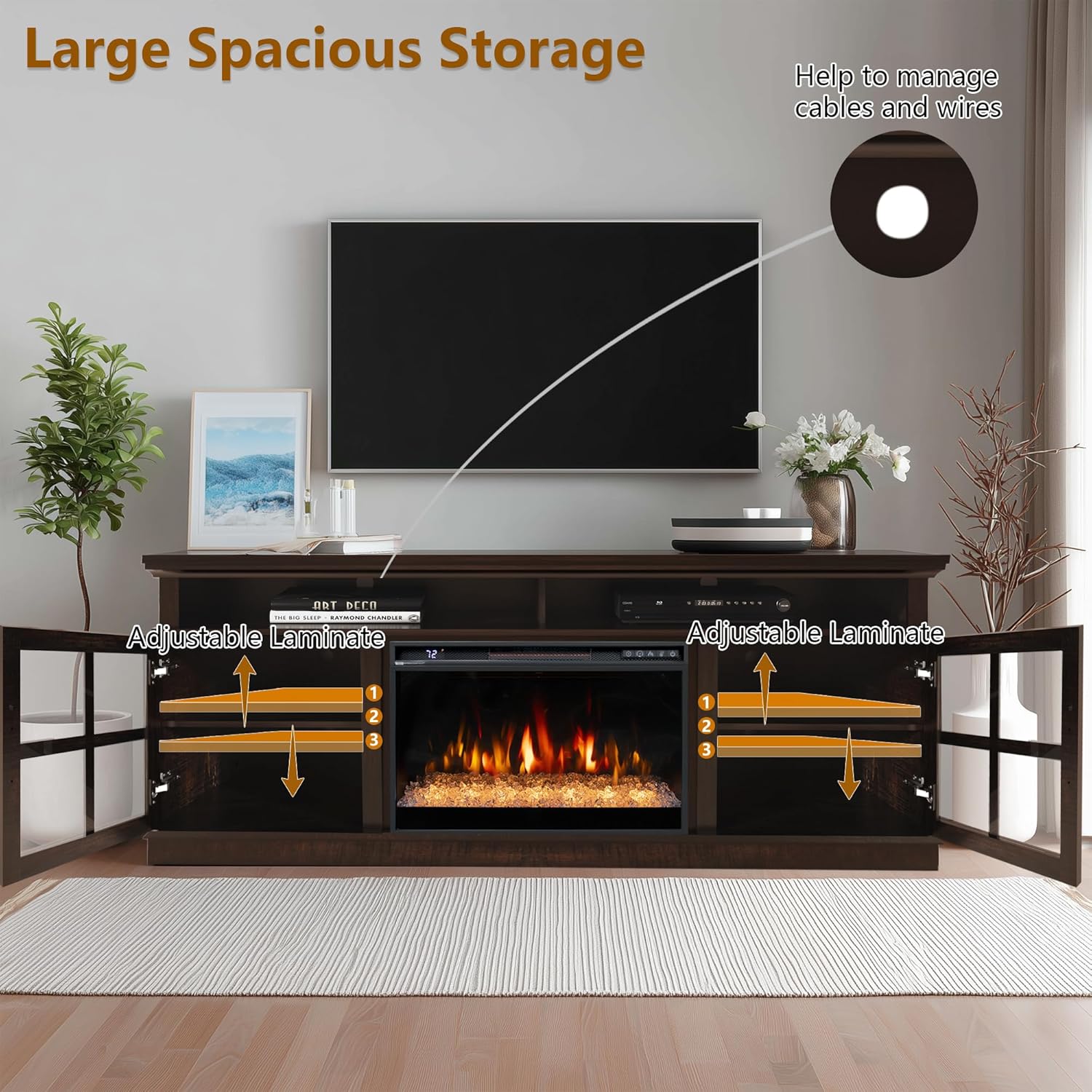 72" Fireplace TV Stand for TVs Up to 80", Entertainment Center with 26" Electric Fireplace, 5 Flame Colors Control with Remote, Modern Farmhouse Cabinet Console Glass Door, Brown