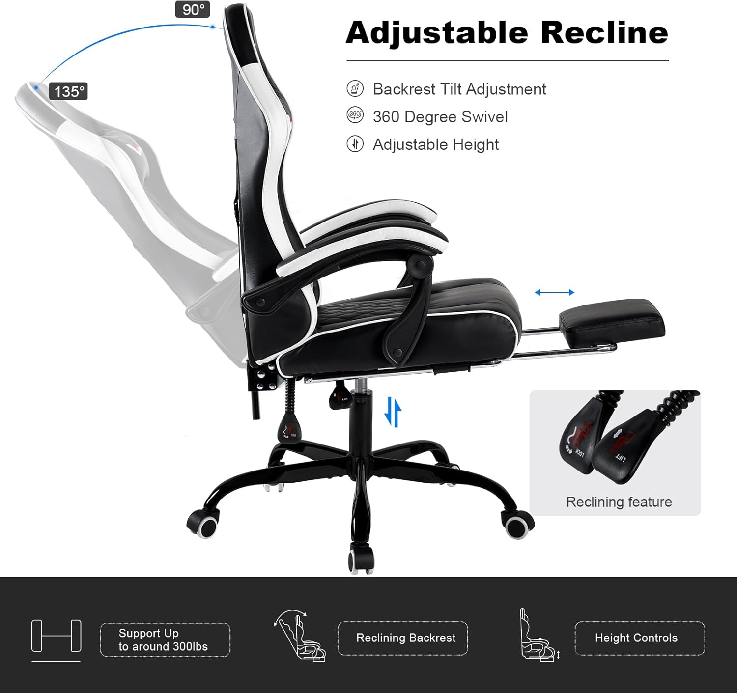 Gaming Chair for Adults, Computer Chair with Footrest and Pocket Spring Cushion,Comfortable Ergonomic Video Game Chair with Lumbar Support and Headrest for Office Home (White)